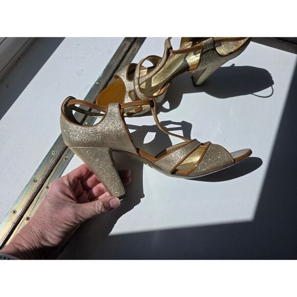 Dolce & Gabbana Sparkle Gold Strappy Open-Toe Heels with T-Strap 10.5 - Picture 2 of 12